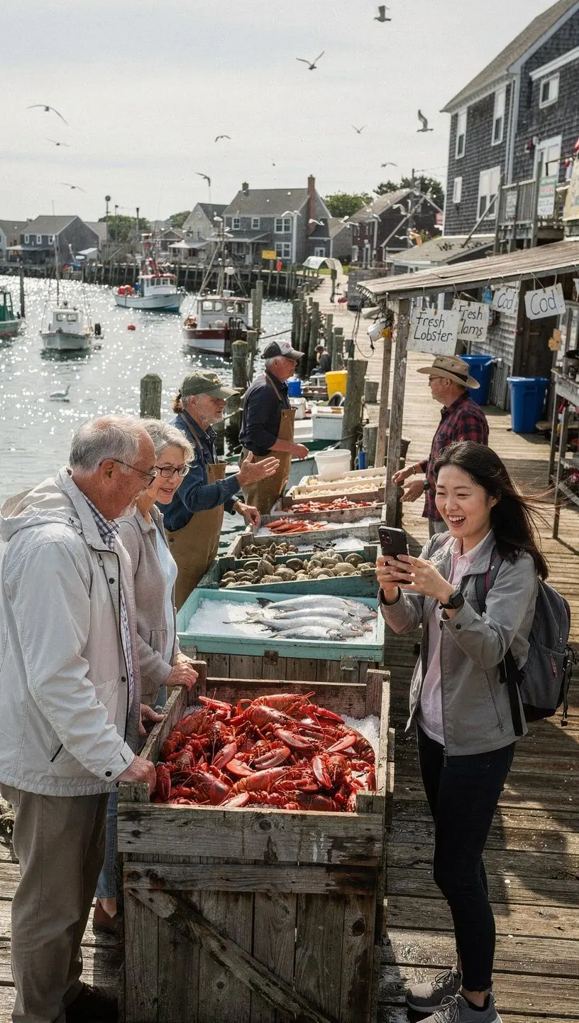 Widok na tętniący życiem rynek z różnorodnymi stoiskami gastronomicznymi.