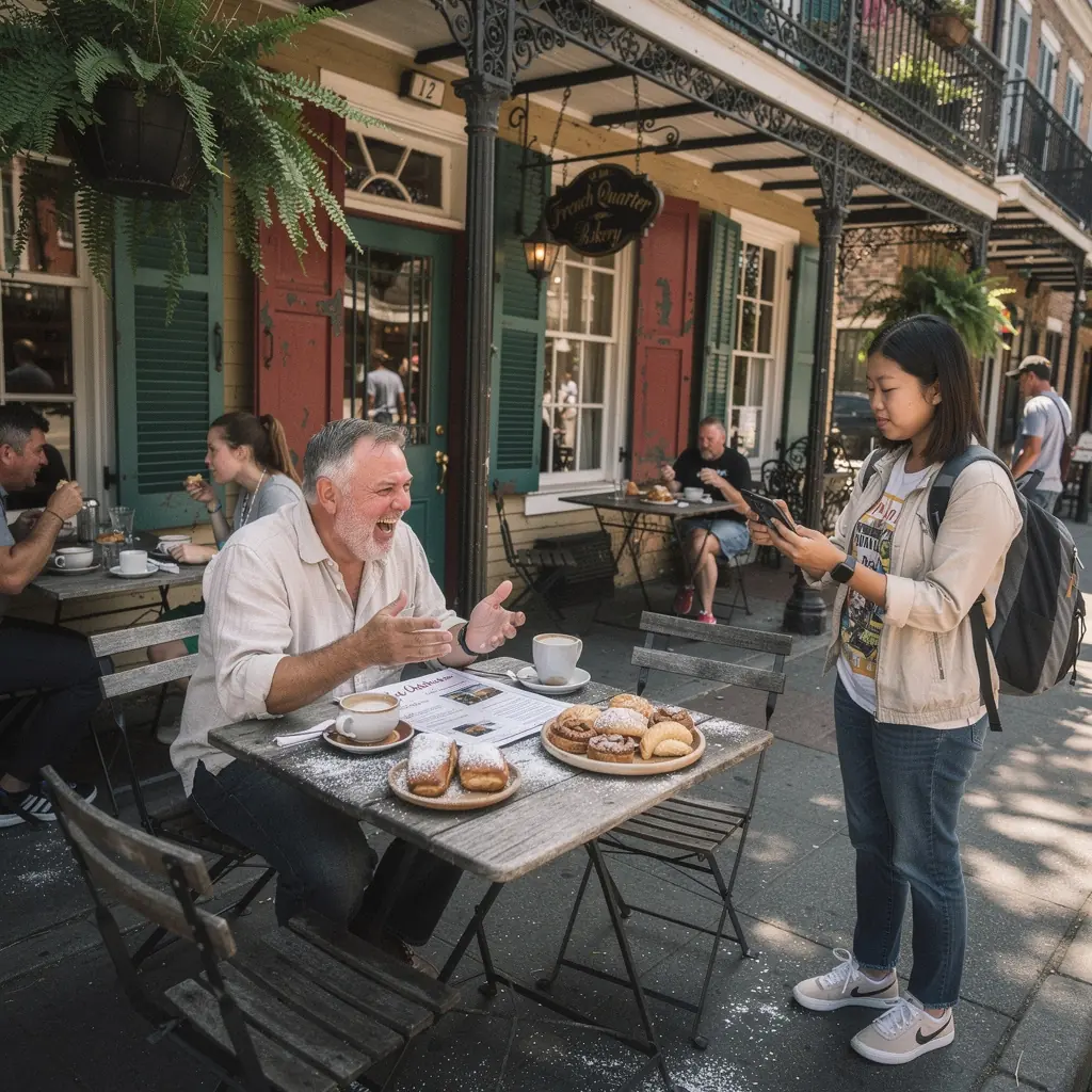 Turysta rozmawiający z lokalnym sprzedawcą o tradycyjnych potrawach.
